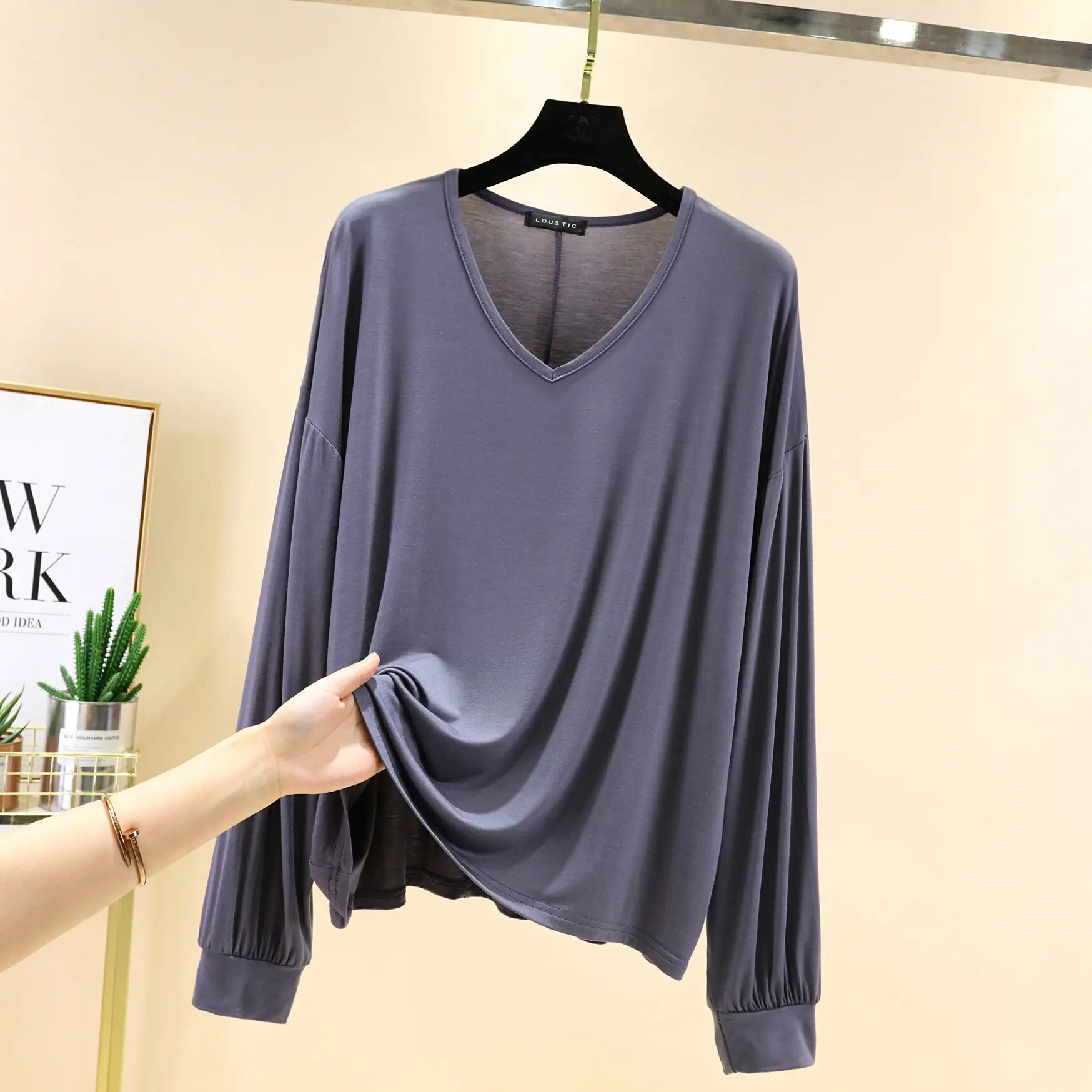 Women Loose V Neck Modal T-Shirt Large