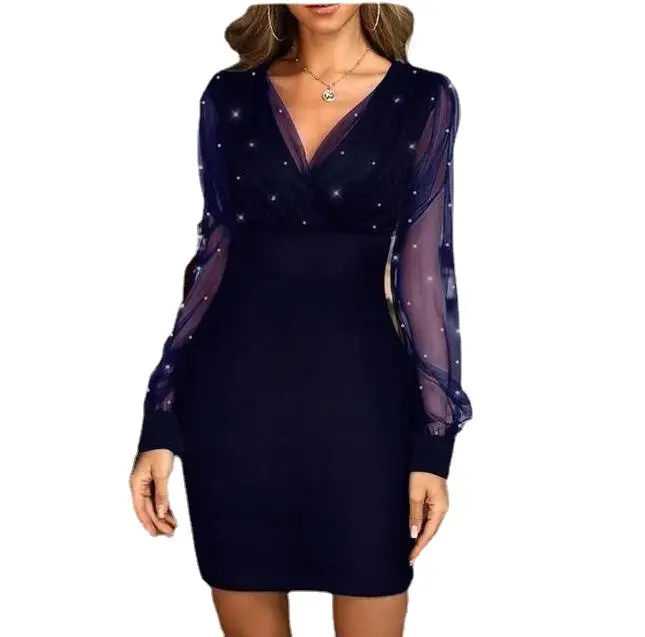 Black Mesh Beaded Slim Fit Dress for Women - Image 8