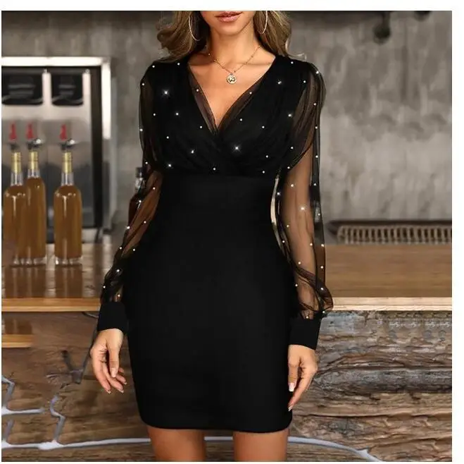 Black Mesh Beaded Slim Fit Dress for Women - Image 2