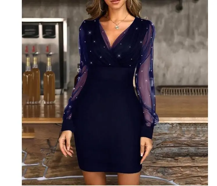 Black Mesh Beaded Slim Fit Dress for Women - Image 3