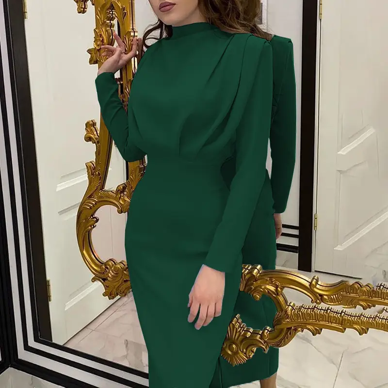 Light Blue Long-Sleeved Waist Dress for Women - Image 8