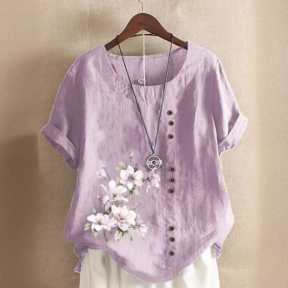 Green Floral Printed Women's Cotton Shirt Short Sleeve