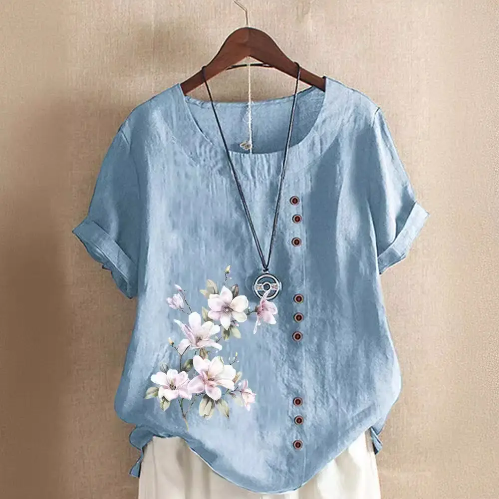 Green Floral Printed Women's Cotton Shirt Short Sleeve
