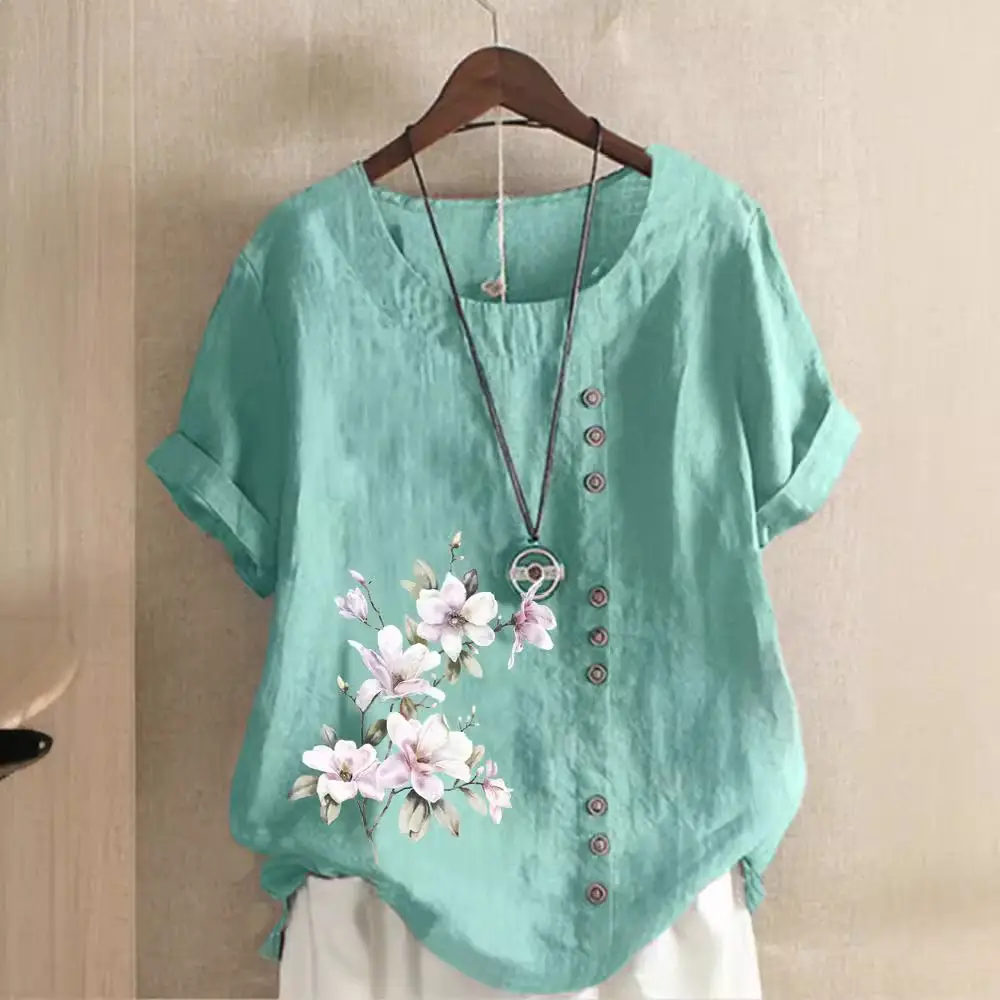 Green Floral Printed Women's Cotton Shirt Short Sleeve