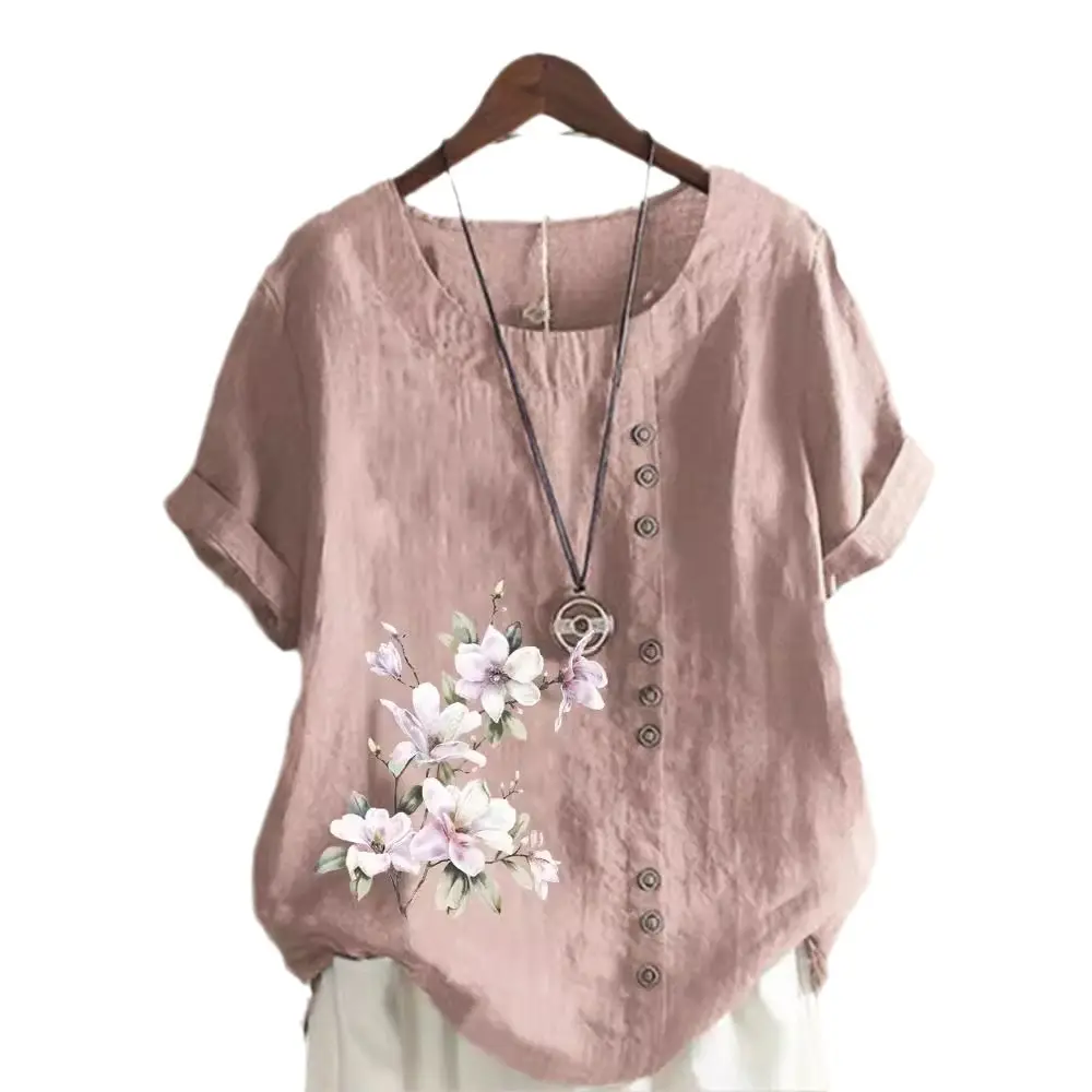 Green Floral Printed Women's Cotton Shirt Short Sleeve