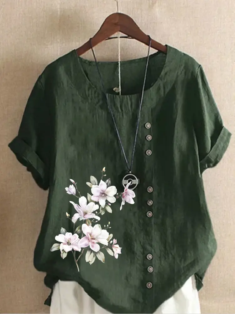 Green Floral Printed Women's Cotton Shirt Short Sleeve