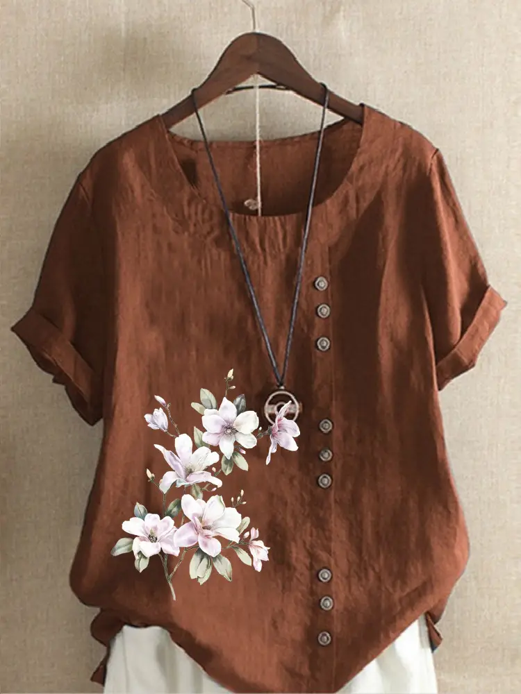 Green Floral Printed Women's Cotton Shirt Short Sleeve