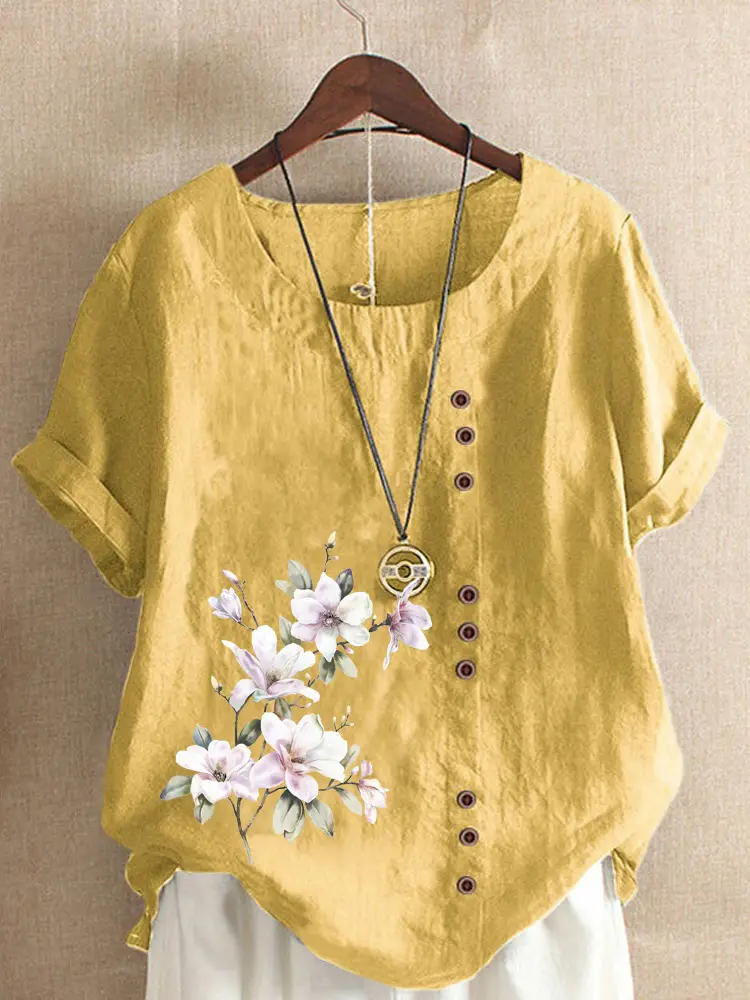 Green Floral Printed Women's Cotton Shirt Short Sleeve
