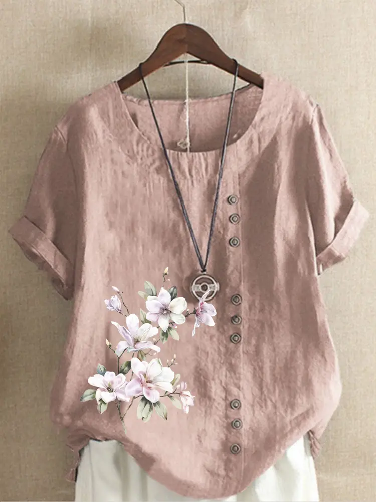 Green Floral Printed Women's Cotton Shirt Short Sleeve