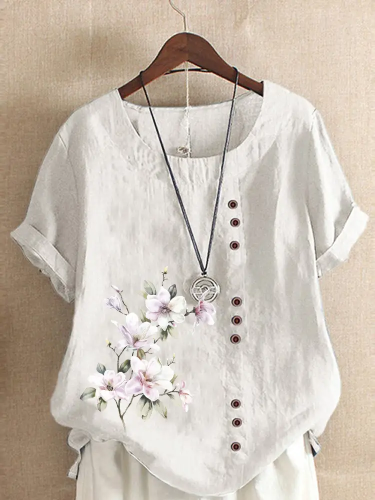 Green Floral Printed Women's Cotton Shirt Short Sleeve