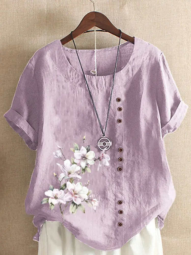 Green Floral Printed Women's Cotton Shirt Short Sleeve