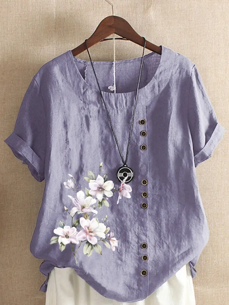 Green Floral Printed Women's Cotton Shirt Short Sleeve