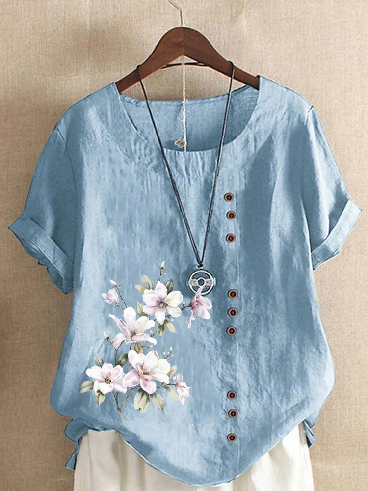 Green Floral Printed Women's Cotton Shirt Short Sleeve