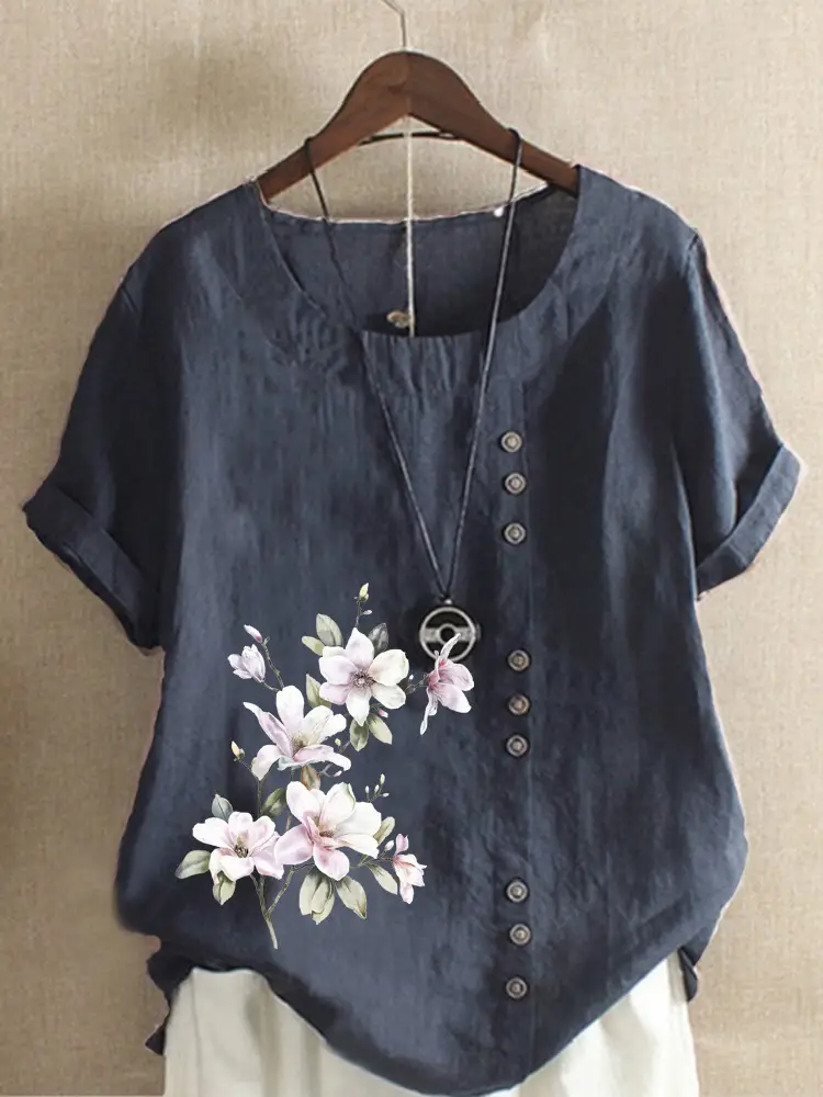 Green Floral Printed Women's Cotton Shirt Short Sleeve