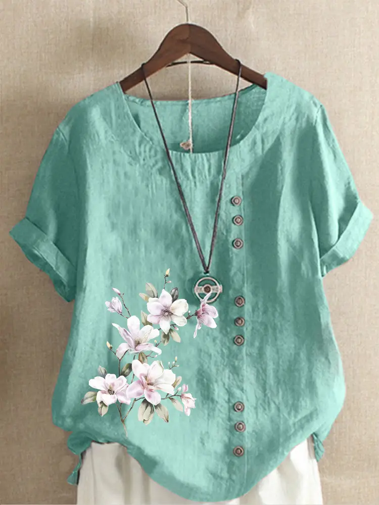 Green Floral Printed Women's Cotton Shirt Short Sleeve