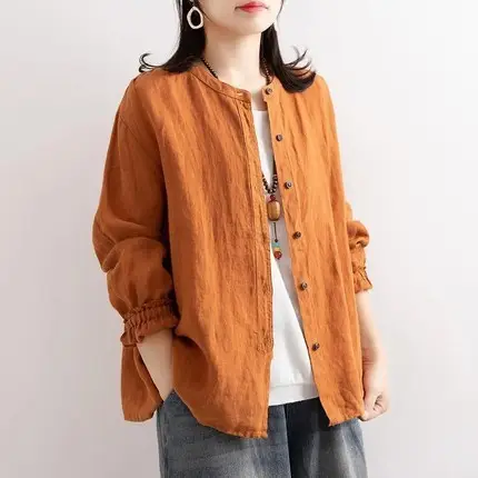 Artistic Retro Women's Linen Button Shirt Long Sleeve - Image 5