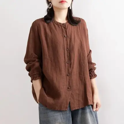 Artistic Retro Women's Linen Button Shirt Long Sleeve - Image 3