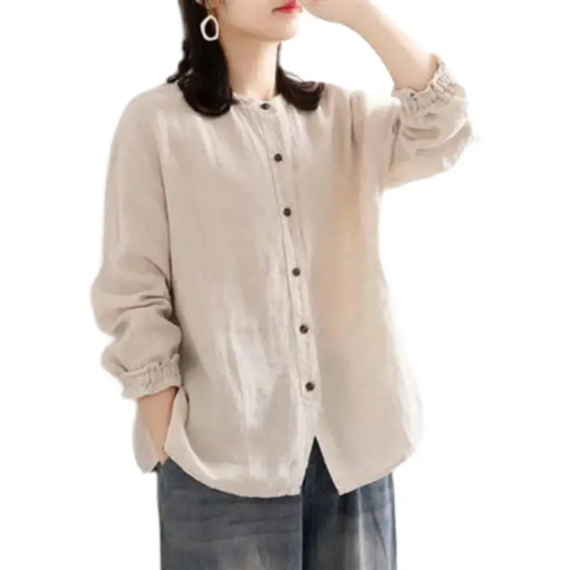 Artistic Retro Women's Linen Button Shirt Long Sleeve - Image 4