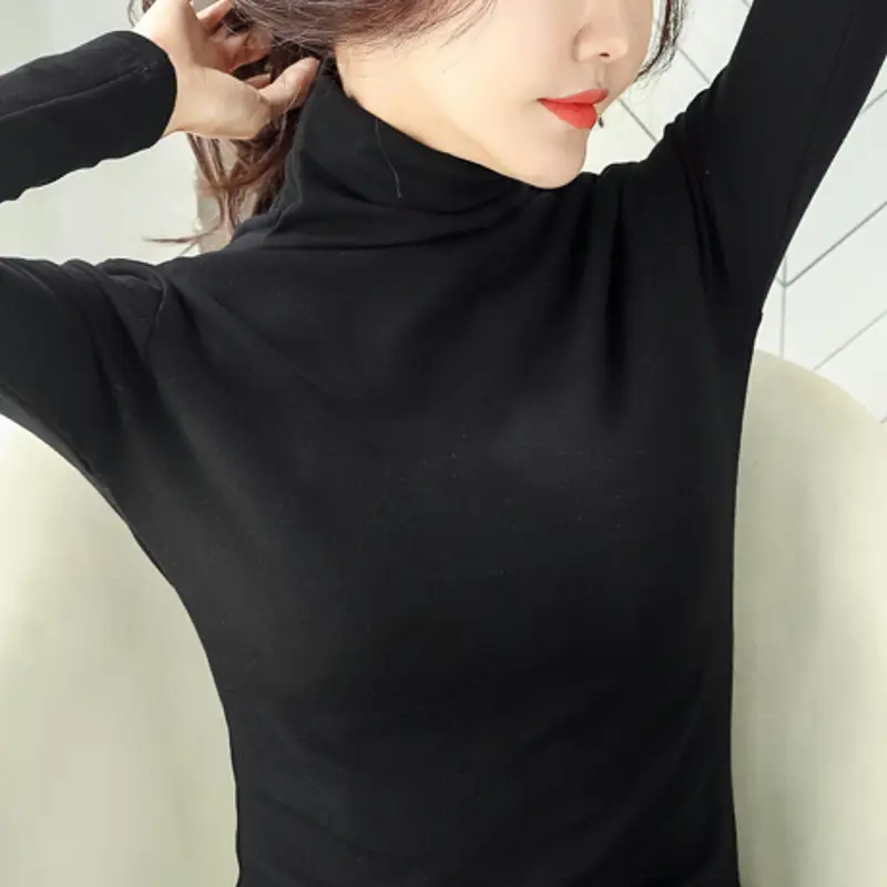 Women's White High-Neck Long Sleeve T-Shirt Solid Color - Image 22