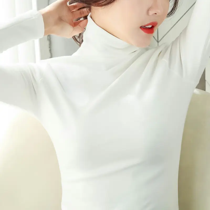 Women's White High-Neck Long Sleeve T-Shirt Solid Color - Image 24