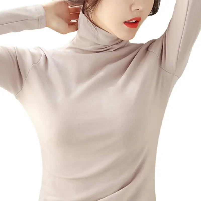 Women's White High-Neck Long Sleeve T-Shirt Solid Color - Image 25