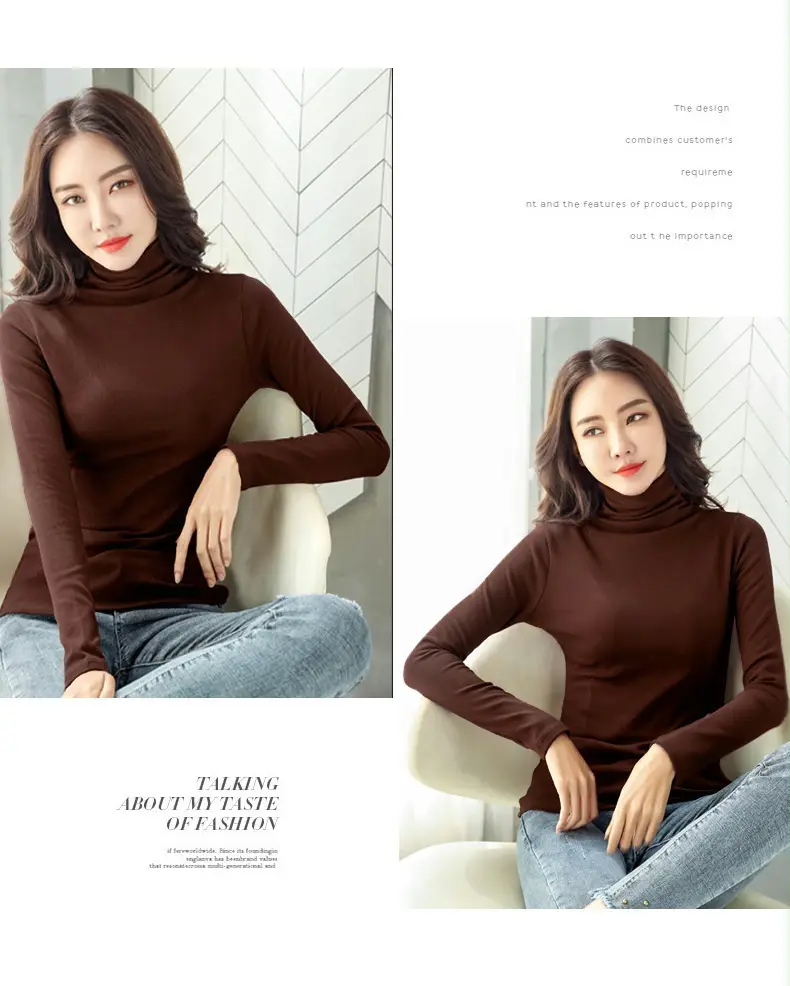 Women's White High-Neck Long Sleeve T-Shirt Solid Color — feature 12