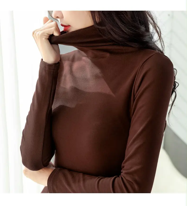 Women's White High-Neck Long Sleeve T-Shirt Solid Color — feature 13