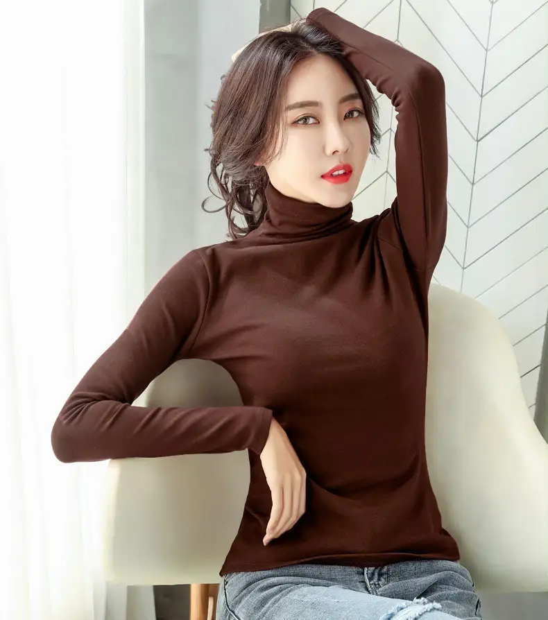 Women's White High-Neck Long Sleeve T-Shirt Solid Color — feature 15