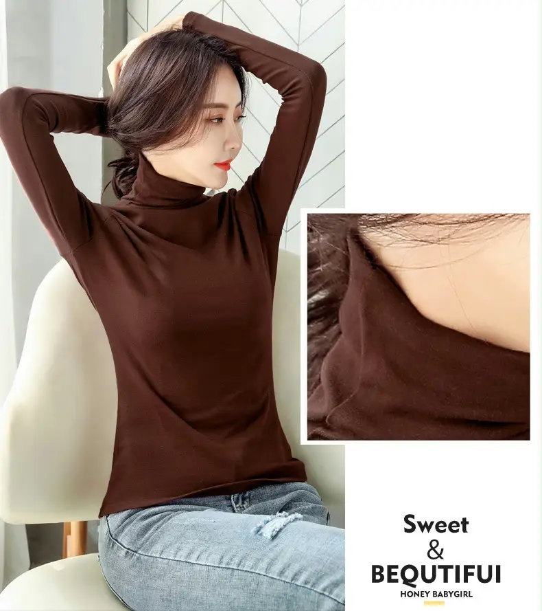 Women's White High-Neck Long Sleeve T-Shirt Solid Color — feature 16