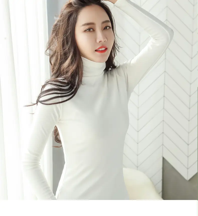 Women's White High-Neck Long Sleeve T-Shirt Solid Color — feature 18