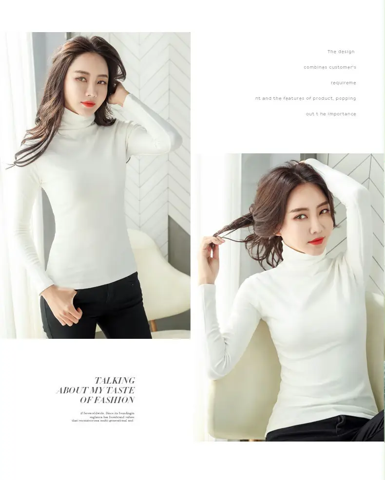 Women's White High-Neck Long Sleeve T-Shirt Solid Color — feature 19