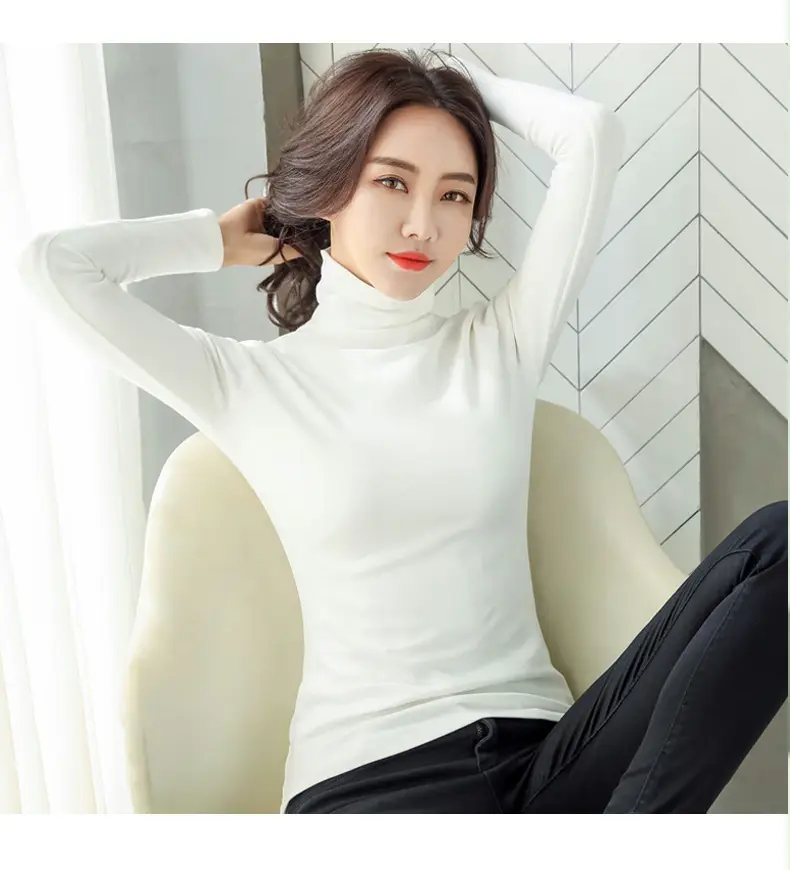 Women's White High-Neck Long Sleeve T-Shirt Solid Color — feature 20