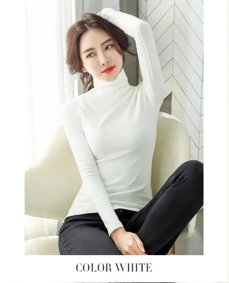 Women's White High-Neck Long Sleeve T-Shirt Solid Color — feature 21