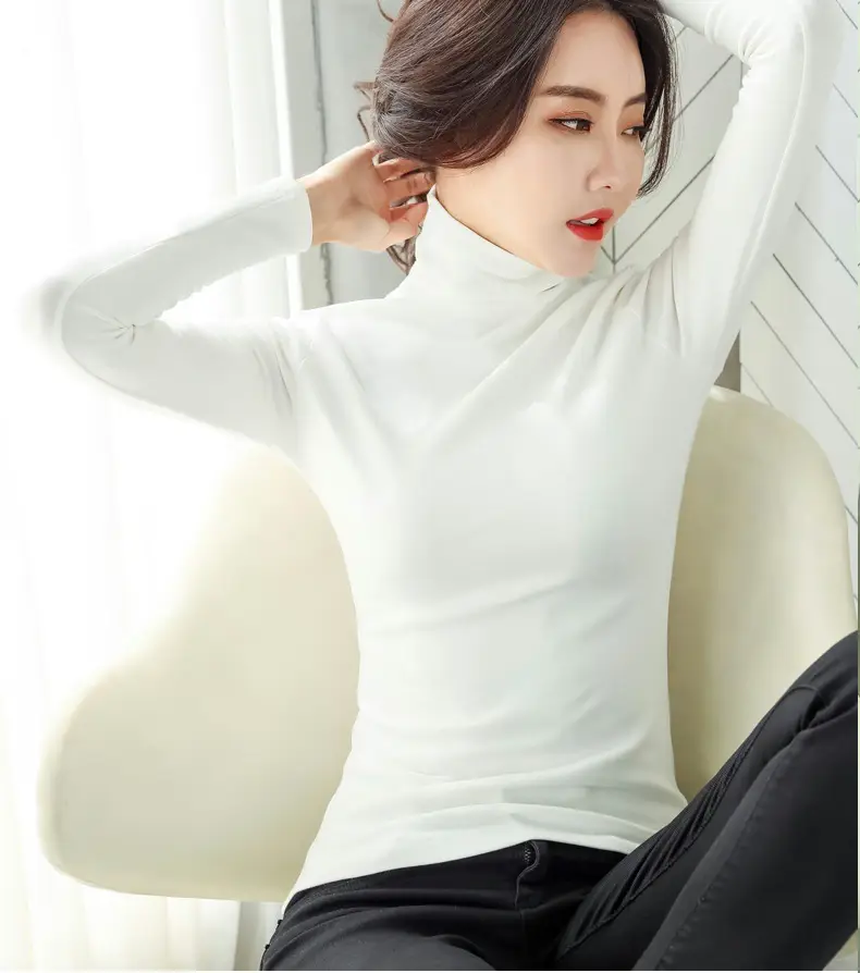 Women's White High-Neck Long Sleeve T-Shirt Solid Color — feature 22