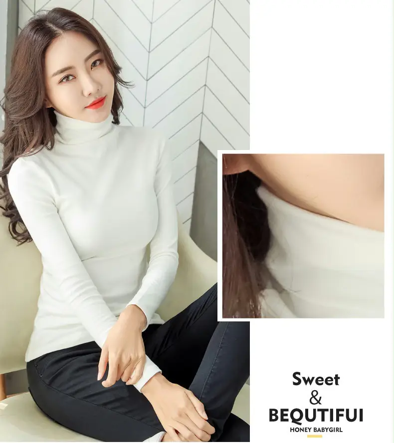 Women's White High-Neck Long Sleeve T-Shirt Solid Color — feature 23