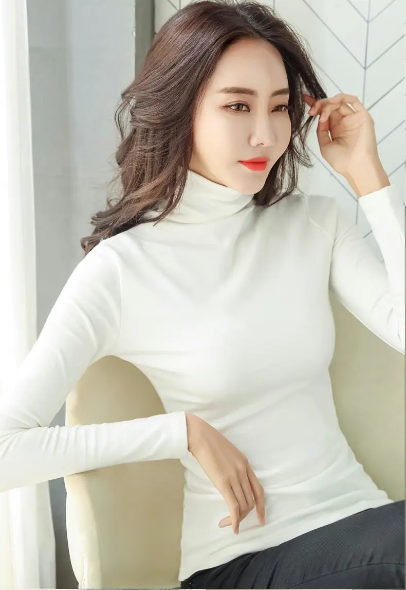 Women's White High-Neck Long Sleeve T-Shirt Solid Color — feature 24