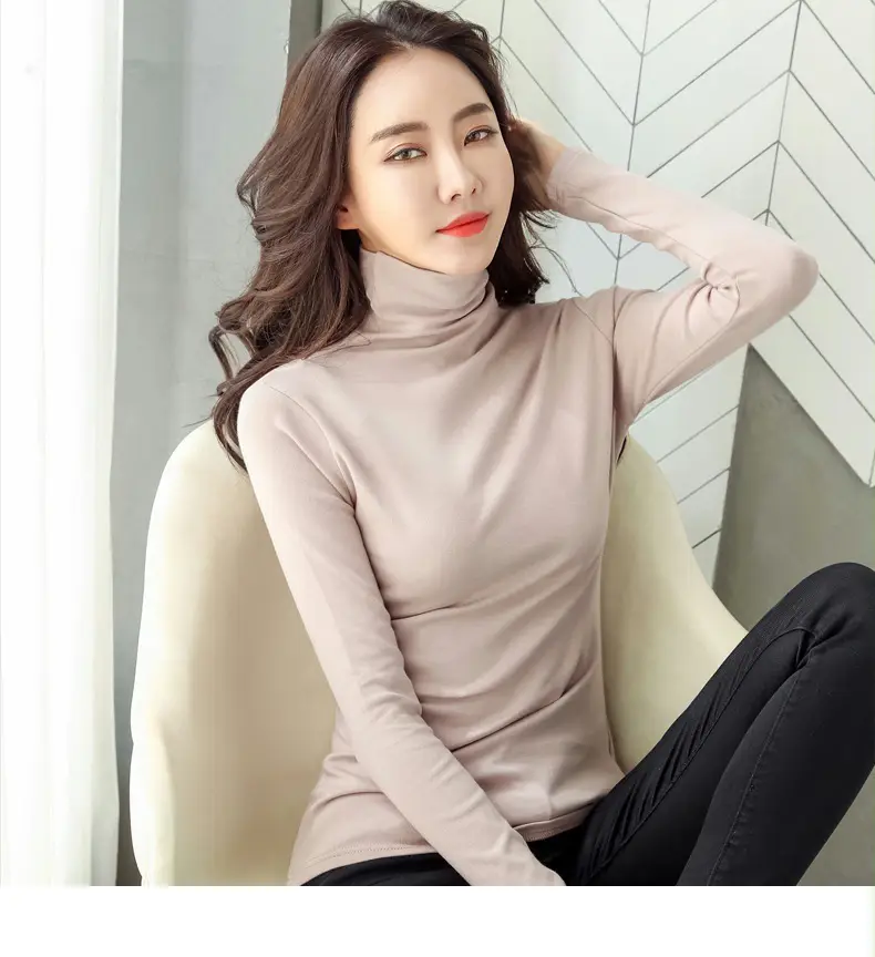 Women's White High-Neck Long Sleeve T-Shirt Solid Color — feature 25