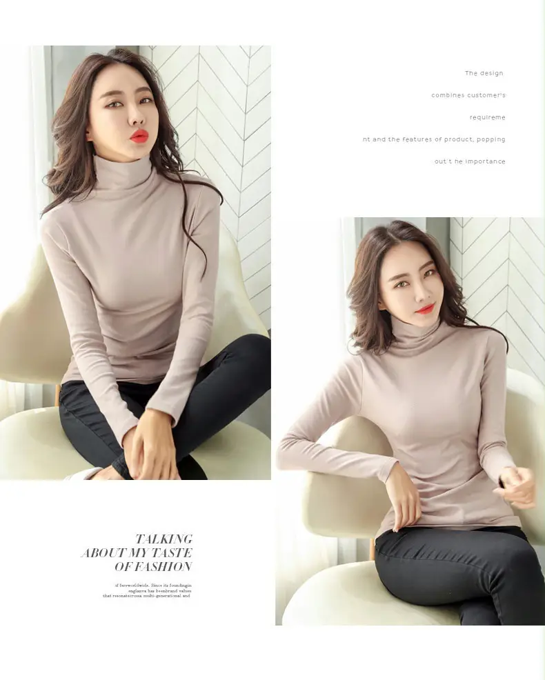 Women's White High-Neck Long Sleeve T-Shirt Solid Color — feature 26