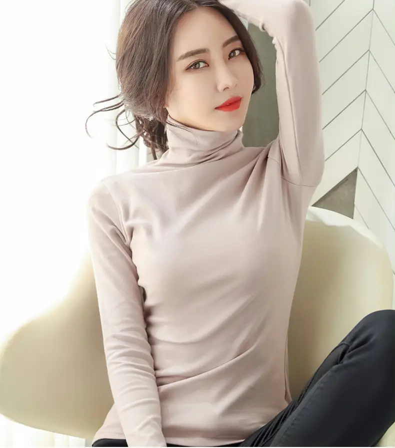 Women's White High-Neck Long Sleeve T-Shirt Solid Color — feature 29
