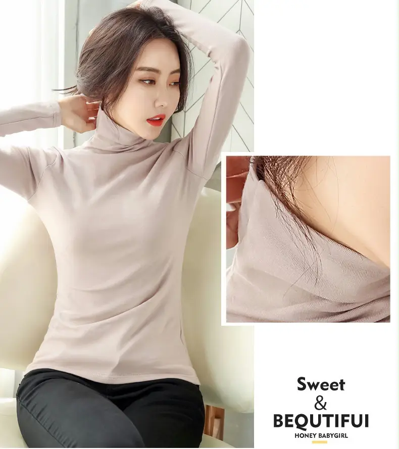 Women's White High-Neck Long Sleeve T-Shirt Solid Color — feature 30