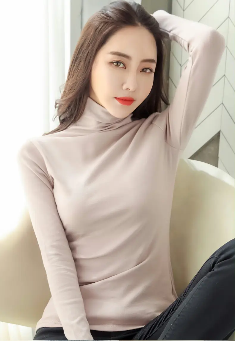 Women's White High-Neck Long Sleeve T-Shirt Solid Color — feature 31