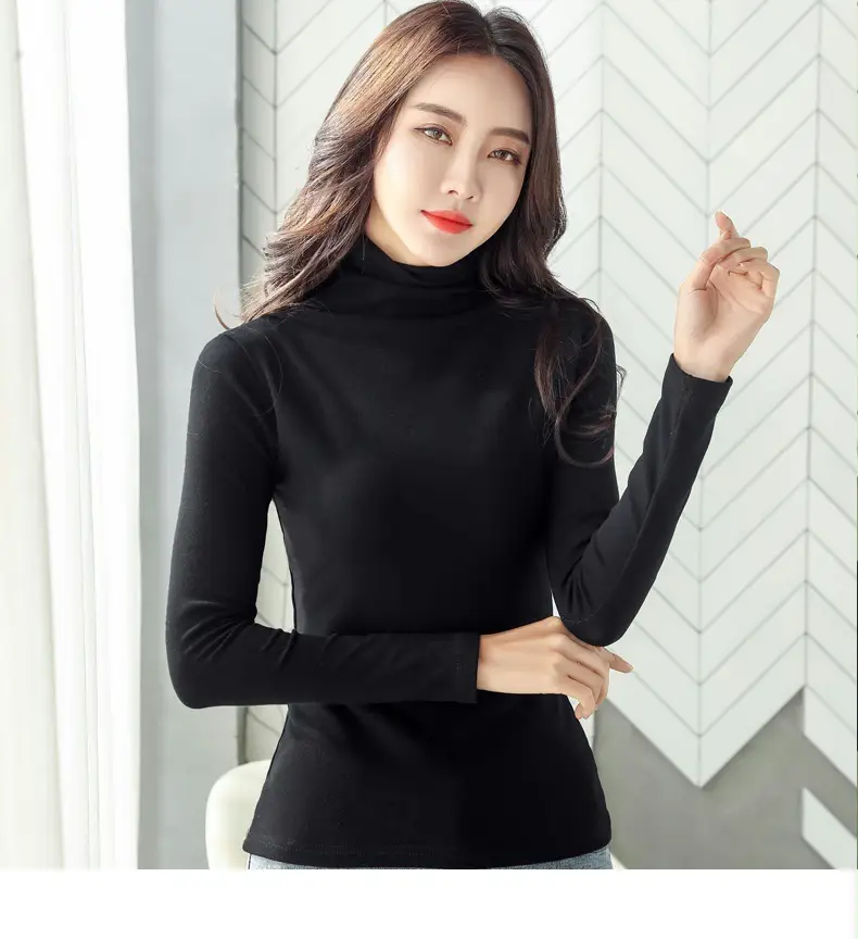 Women's White High-Neck Long Sleeve T-Shirt Solid Color — feature 32