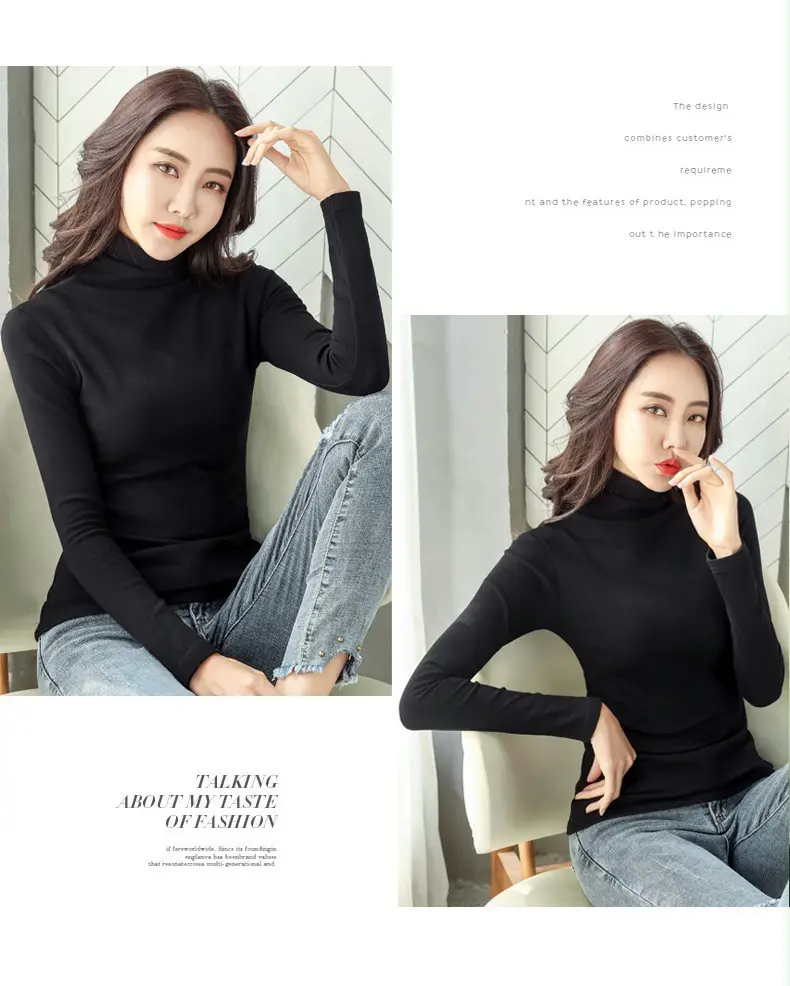 Women's White High-Neck Long Sleeve T-Shirt Solid Color — feature 33