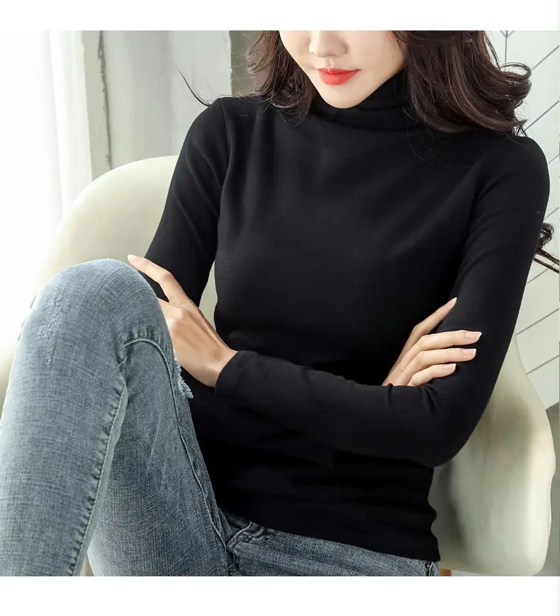 Women's White High-Neck Long Sleeve T-Shirt Solid Color — feature 34