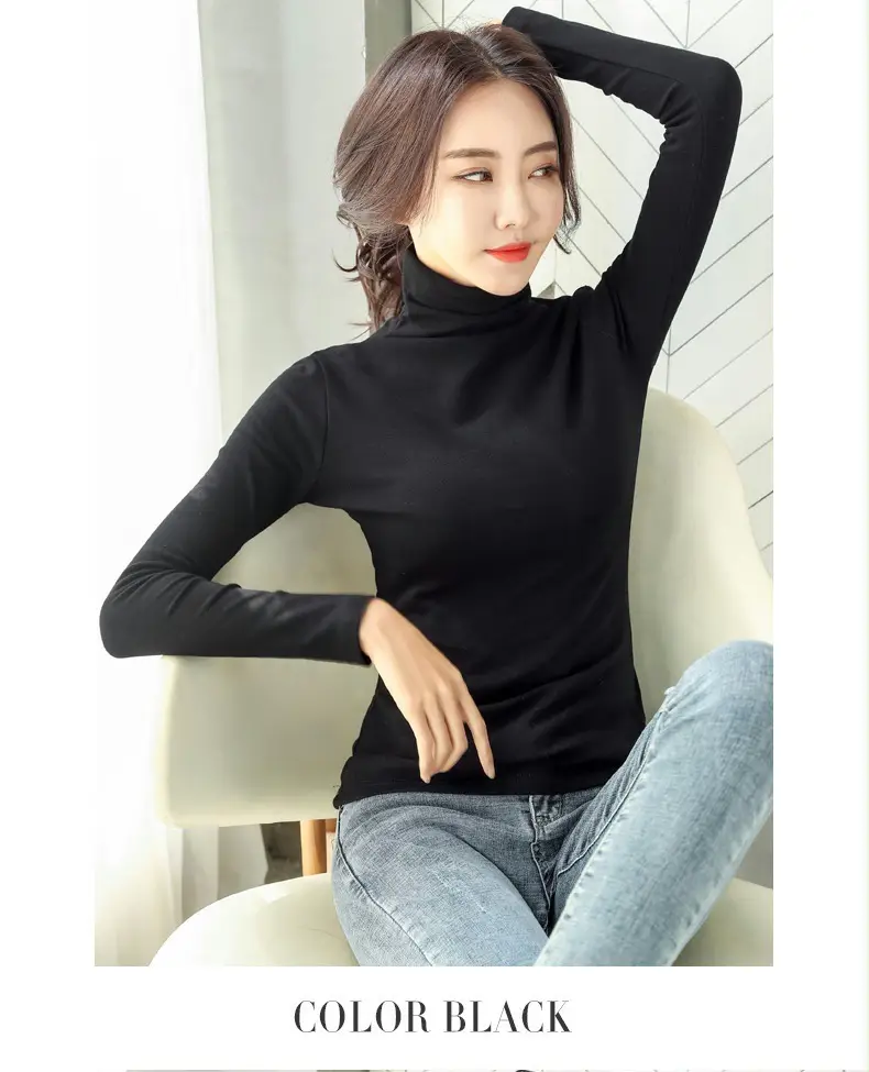 Women's White High-Neck Long Sleeve T-Shirt Solid Color — feature 35