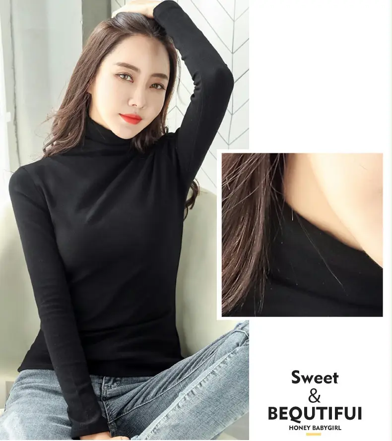 Women's White High-Neck Long Sleeve T-Shirt Solid Color — feature 37