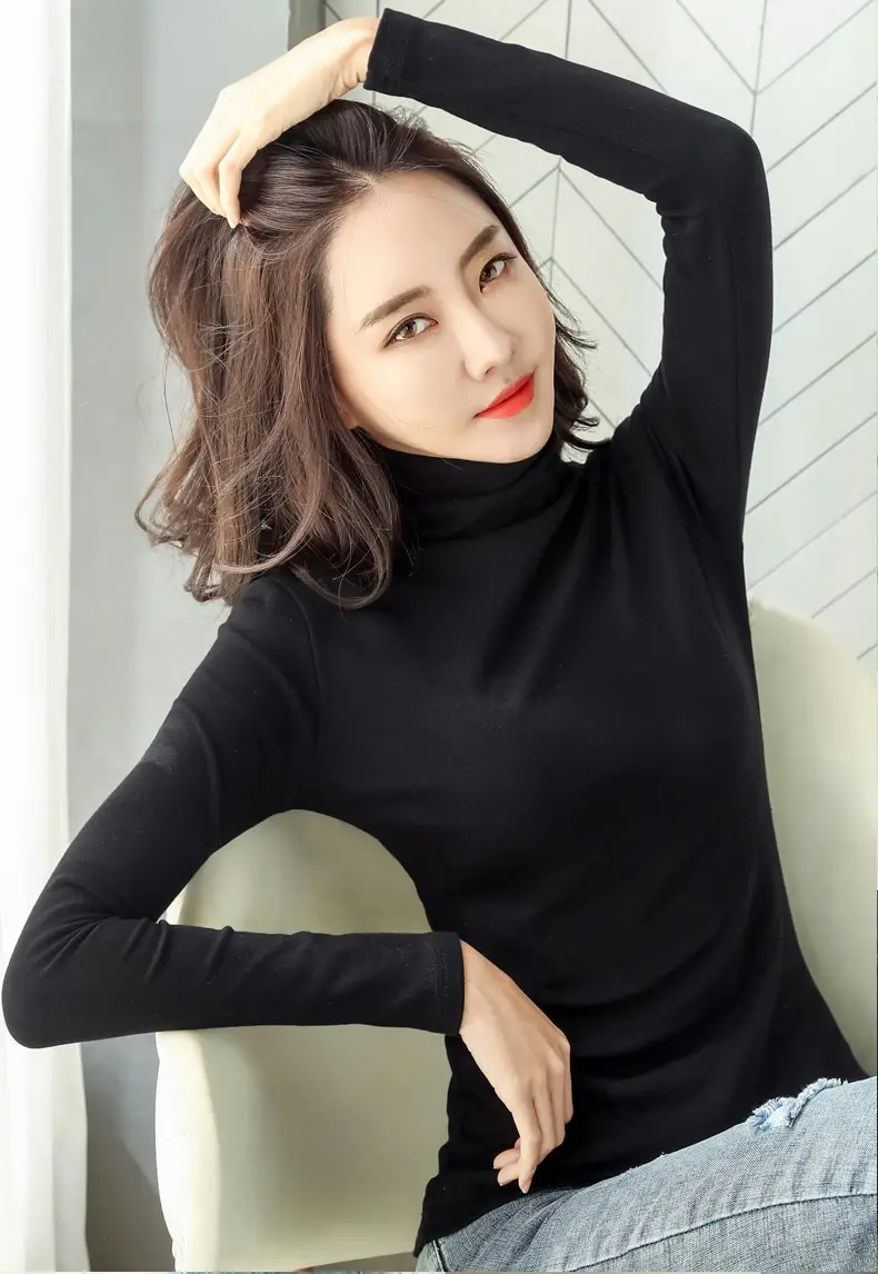 Women's White High-Neck Long Sleeve T-Shirt Solid Color — feature 38