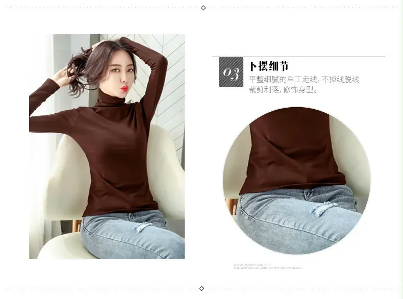 Women's White High-Neck Long Sleeve T-Shirt Solid Color — feature 7