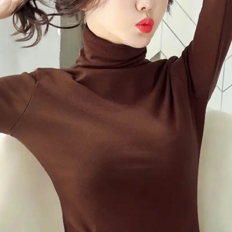 Women's White High-Neck Long Sleeve T-Shirt Solid Color - Image 12