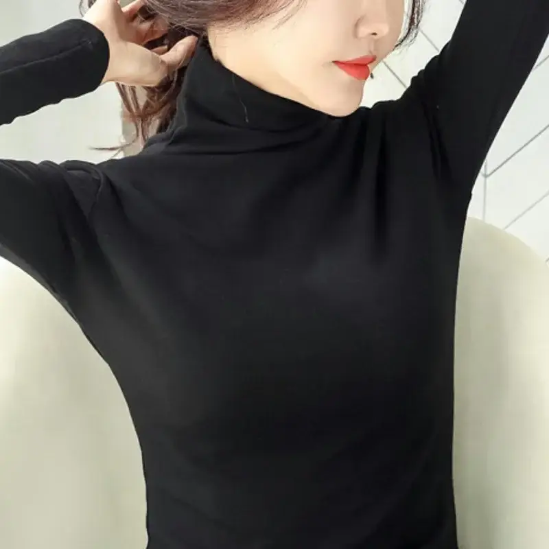 Women's White High-Neck Long Sleeve T-Shirt Solid Color - Image 2